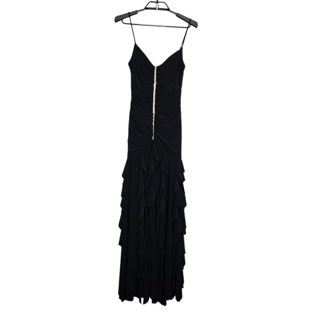Vintage Y2K Scott MccClintock Black Ruffle Gathered Maxi Dress Size 8